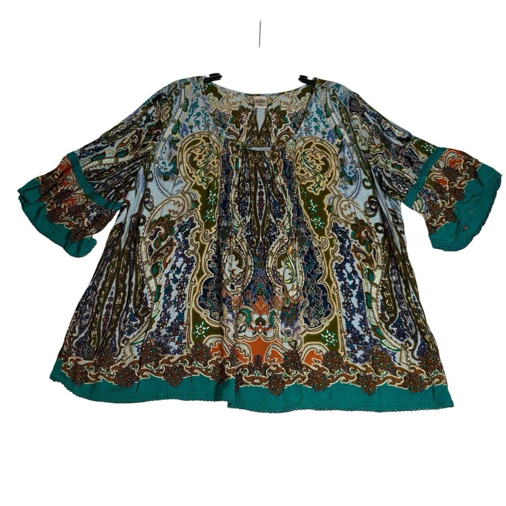 Bila Women’s XXL Boho Paisley Cold Shoulder Blouse Bell Sleeve Rayon Top - Picture 1 of 9